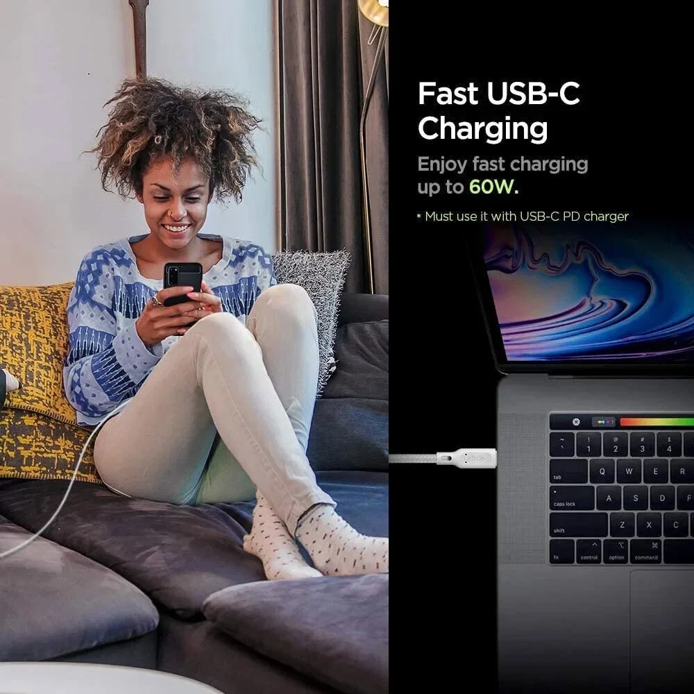 Spigen DuraSync 60W USB C to USB C High Speed Fast Charging Cable 4.9FT 2 Pack